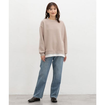 裏起毛ゆるレイヤード風トップス トップス スウェット 長袖 ハニぽか あったか ゆったり 裏起毛 レイヤード風 配色 レディース （ネイビー）｜詳細画像