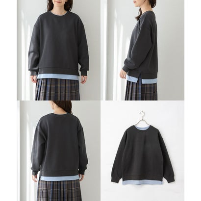 裏起毛ゆるレイヤード風トップス トップス スウェット 長袖 ハニぽか あったか ゆったり 裏起毛 レイヤード風 配色 レディース （ネイビー）｜詳細画像