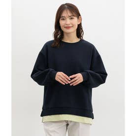 裏起毛ゆるレイヤード風トップス トップス スウェット 長袖 ハニぽか あったか ゆったり 裏起毛 レイヤード風 配色 レディース （ネイビー）