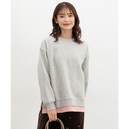 裏起毛ゆるレイヤード風トップス トップス スウェット 長袖 ハニぽか あったか ゆったり 裏起毛 レイヤード風 配色 レディース （杢グレー）｜詳細画像