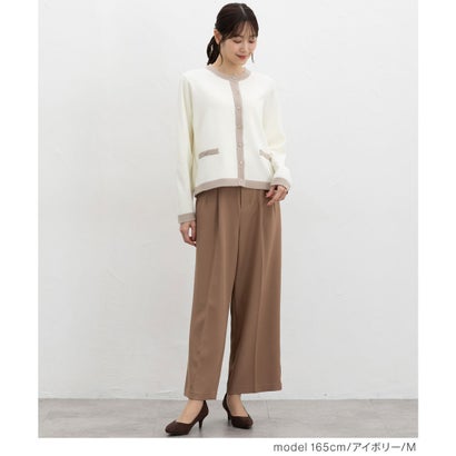 配色クルーネックカーデ トップス カーディガン 長袖 オフィス きれいめ ニット クルーネック 配色 フロントボタン フェミニン レディース （ネイビー）｜詳細画像