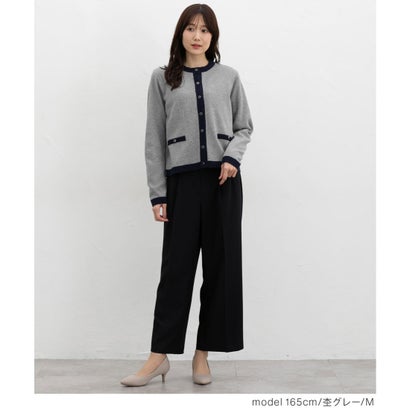 配色クルーネックカーデ トップス カーディガン 長袖 オフィス きれいめ ニット クルーネック 配色 フロントボタン フェミニン レディース （杢グレー）｜詳細画像