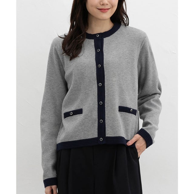 配色クルーネックカーデ トップス カーディガン 長袖 オフィス きれいめ ニット クルーネック 配色 フロントボタン フェミニン レディース （杢グレー）