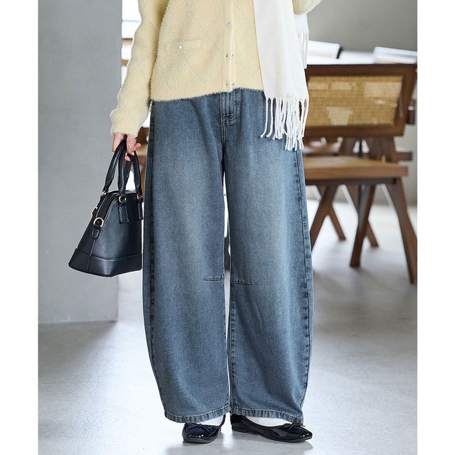 あったかカーブパンツ（股下66cm） ボトムス パンツ カーブパンツ あったか 大きいサイズ ハニぽか デニムパンツ ロングパンツ レディース （ユーズドブルー）