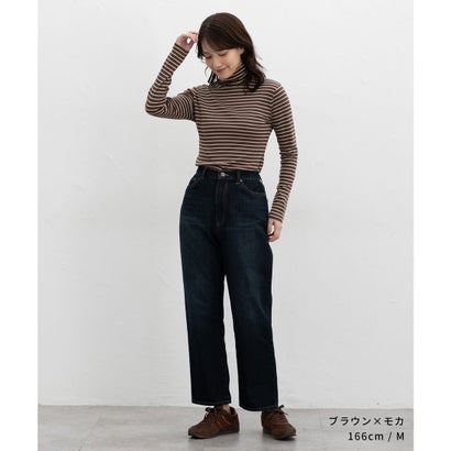 フライスボーダータートル トップス カットソー 長袖 オーガニックコットン タートルネック 綿100％ フライス編み ボーダー柄 レディース （クロボーダー）｜詳細画像