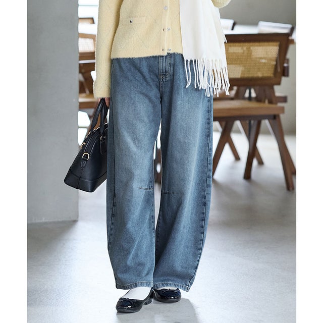 あったかカーブパンツ（股下63cm） ボトムス パンツ カーブパンツ あったか 大きいサイズ ハニぽか デニムパンツ ロングパンツ レディース （ユーズドブルー）