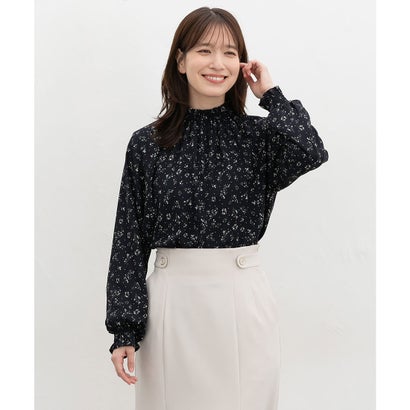 あったか裏地ハイネックブラウス トップス ブラウス 長袖 ハニぽか あったか 大きいサイズ オフィス きれいめ ハイネック 裏地付き レディース （コン花柄）｜詳細画像