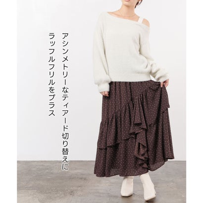 ティアードスカート ボトムス スカート ロングスカート ロング丈 大きいサイズ アシンメトリー ラッフルフリル 裏地付き ドット柄 レディース （クロ水玉）｜詳細画像