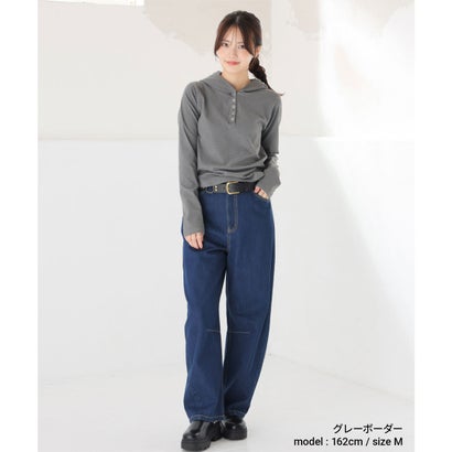 フード付ヘンリートップス トップス カットソー 長袖 ヘンリーネック フード付き ボーダー柄 ストレッチ 裏起毛 短め丈 ガーリー レディース （ピンクボーダー）｜詳細画像
