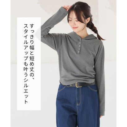 フード付ヘンリートップス トップス カットソー 長袖 ヘンリーネック フード付き ボーダー柄 ストレッチ 裏起毛 短め丈 ガーリー レディース （チャボーダー）｜詳細画像
