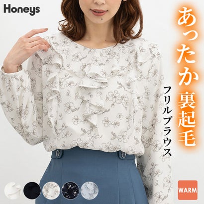 あったか裏地フリルブラウス トップス ブラウス 長袖 ハニぽか あったか オフィス きれいめ ラッフルフリル 無地 花柄 裏地付き レディース （アイボリー花柄）｜詳細画像