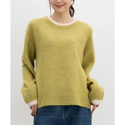 軽ふわっ配色ニット トップス ニット セーター 長袖 軽ふわっニット 再生ポリエステル クルーネック ウール混 配色 無地 スリット レディース （ライム）｜詳細画像