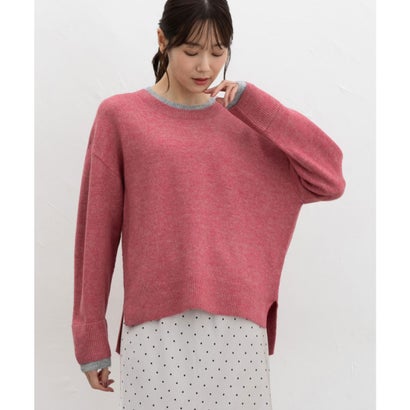 軽ふわっ配色ニット トップス ニット セーター 長袖 軽ふわっニット 再生ポリエステル クルーネック ウール混 配色 無地 スリット レディース （ライム）｜詳細画像