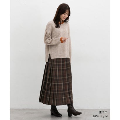 軽ふわっ配色ニット トップス ニット セーター 長袖 軽ふわっニット 再生ポリエステル クルーネック ウール混 配色 無地 スリット レディース （杢グレー）｜詳細画像