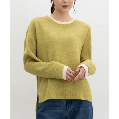 軽ふわっ配色ニット トップス ニット セーター 長袖 軽ふわっニット 再生ポリエステル クルーネック ウール混 配色 無地 スリット レディース （杢アカ）｜詳細画像