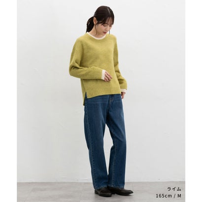 軽ふわっ配色ニット トップス ニット セーター 長袖 軽ふわっニット 再生ポリエステル クルーネック ウール混 配色 無地 スリット レディース （杢アカ）｜詳細画像