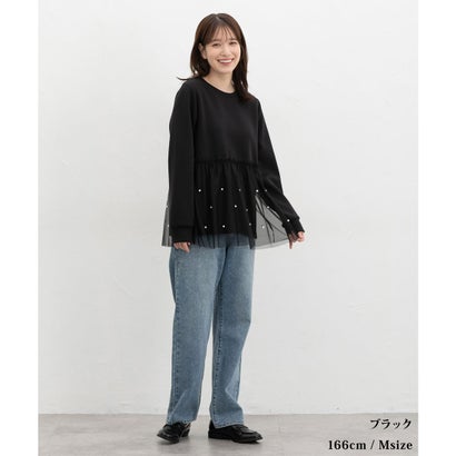 パール付ペプラムトップス トップス カットソー 長袖 大きいサイズ ペプラム チュール フェイクパール クルーネック ストレッチ レディース （ラベンダー）｜詳細画像