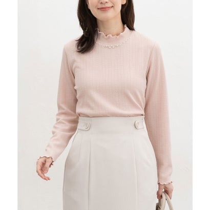 ビジュー付ハイネックトップス トップス カットソー 長袖 オフィス きれいめ ハイネック ビジュー付き ストレッチ ジャカード編み レディース （ネイビー）｜詳細画像