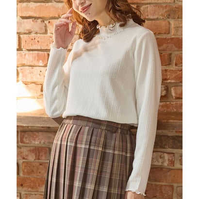 ビジュー付ハイネックトップス トップス カットソー 長袖 オフィス きれいめ ハイネック ビジュー付き ストレッチ ジャカード編み レディース （ネイビー）｜詳細画像