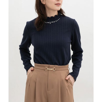ビジュー付ハイネックトップス トップス カットソー 長袖 オフィス きれいめ ハイネック ビジュー付き ストレッチ ジャカード編み レディース （アイボリー）｜詳細画像