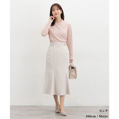 ビジュー付ハイネックトップス トップス カットソー 長袖 オフィス きれいめ ハイネック ビジュー付き ストレッチ ジャカード編み レディース （ピンク）｜詳細画像