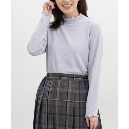 ビジュー付ハイネックトップス トップス カットソー 長袖 オフィス きれいめ ハイネック ビジュー付き ストレッチ ジャカード編み レディース （サックス）｜詳細画像