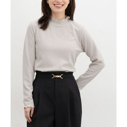 ビジュー付ハイネックトップス トップス カットソー 長袖 オフィス きれいめ ハイネック ビジュー付き ストレッチ ジャカード編み レディース （サックス）｜詳細画像