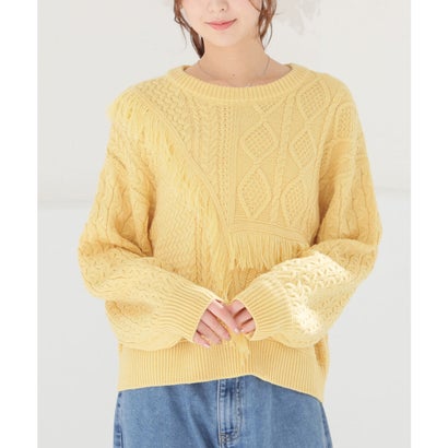 パッチワークニット トップス ニット セーター 長袖 パッチワーク風 切り替え フリンジ クルーネック ドロップショルダー レディース （アイボリー）｜詳細画像