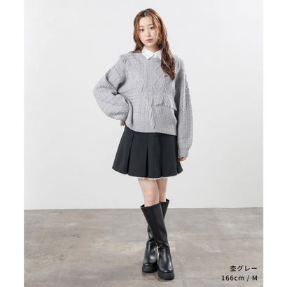 パッチワークニット トップス ニット セーター 長袖 パッチワーク風 切り替え フリンジ クルーネック ドロップショルダー レディース （アイボリー）｜詳細画像