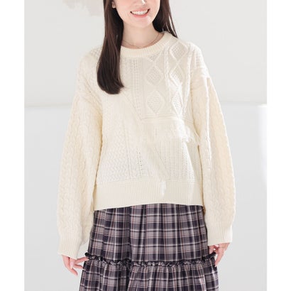 パッチワークニット トップス ニット セーター 長袖 パッチワーク風 切り替え フリンジ クルーネック ドロップショルダー レディース （アイボリー）｜詳細画像
