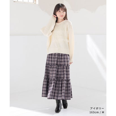 パッチワークニット トップス ニット セーター 長袖 パッチワーク風 切り替え フリンジ クルーネック ドロップショルダー レディース （アイボリー）｜詳細画像