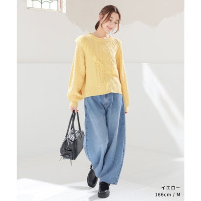 パッチワークニット トップス ニット セーター 長袖 パッチワーク風 切り替え フリンジ クルーネック ドロップショルダー レディース （アイボリー）｜詳細画像