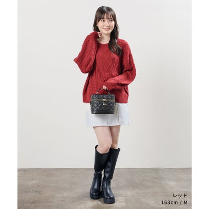パッチワークニット トップス ニット セーター 長袖 パッチワーク風 切り替え フリンジ クルーネック ドロップショルダー レディース （レッド）｜詳細画像