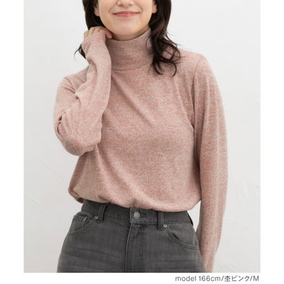 杢調タートルネック トップス カットソー 長袖 タートルネック 杢調カラー ストレッチ 表起毛 無地 シンプル 冬 レディース （杢ピンク）｜詳細画像
