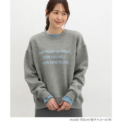 裏起毛ゆるロゴスウェット トップス スウェット 長袖 ハニぽか あったか ゆったり ロゴ クルーネック ドロップショルダー 綿混 レディース （ネイビー）｜詳細画像