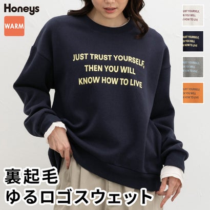 裏起毛ゆるロゴスウェット トップス スウェット 長袖 ハニぽか あったか ゆったり ロゴ クルーネック ドロップショルダー 綿混 レディース （ネイビー）｜詳細画像