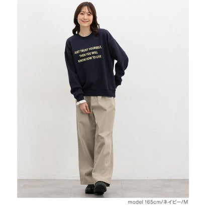 裏起毛ゆるロゴスウェット トップス スウェット 長袖 ハニぽか あったか ゆったり ロゴ クルーネック ドロップショルダー 綿混 レディース （杢チャコール）｜詳細画像