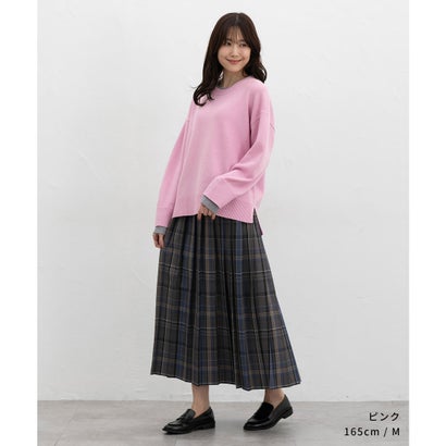 配色使いニット トップス ニット セーター 長袖 配色 クルーネック ストレッチ ナイロン混 スリット カジュアル 冬 レディース （ピンク）｜詳細画像