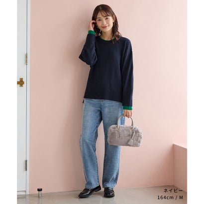 配色使いニット トップス ニット セーター 長袖 配色 クルーネック ストレッチ ナイロン混 スリット カジュアル 冬 レディース （ネイビー）｜詳細画像