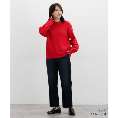 軽ふわっクルーニット トップス ニット セーター 長袖 軽ふわっニット 再生ポリエステル クルーネック ウール混 無地 カジュアル レディース （レッド）｜詳細画像
