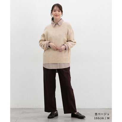 軽ふわっクルーニット トップス ニット セーター 長袖 軽ふわっニット 再生ポリエステル クルーネック ウール混 無地 カジュアル レディース （杢グレー）｜詳細画像