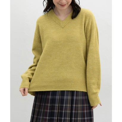 軽ふわっVニット トップス ニット セーター 長袖 軽ふわっニット 再生ポリエステル Vネック ウール混 無地 カジュアル 冬 レディース （イエローグリーン）｜詳細画像