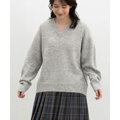 軽ふわっVニット トップス ニット セーター 長袖 軽ふわっニット 再生ポリエステル Vネック ウール混 無地 カジュアル 冬 レディース （ライト杢グレー）｜詳細画像
