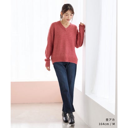 軽ふわっVニット トップス ニット セーター 長袖 軽ふわっニット 再生ポリエステル Vネック ウール混 無地 カジュアル 冬 レディース （ライト杢グレー）｜詳細画像