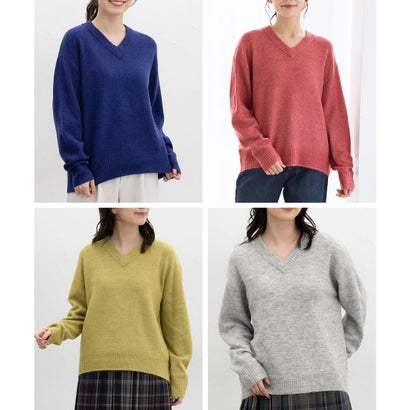 軽ふわっVニット トップス ニット セーター 長袖 軽ふわっニット 再生ポリエステル Vネック ウール混 無地 カジュアル 冬 レディース （ダークブルー）｜詳細画像