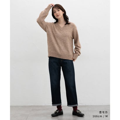 軽ふわっVニット トップス ニット セーター 長袖 軽ふわっニット 再生ポリエステル Vネック ウール混 無地 カジュアル 冬 レディース （杢モカ）｜詳細画像