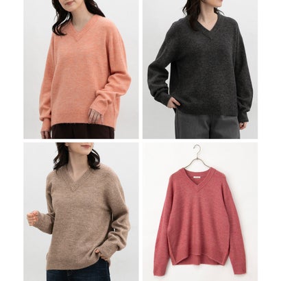 軽ふわっVニット トップス ニット セーター 長袖 軽ふわっニット 再生ポリエステル Vネック ウール混 無地 カジュアル 冬 レディース （杢モカ）｜詳細画像
