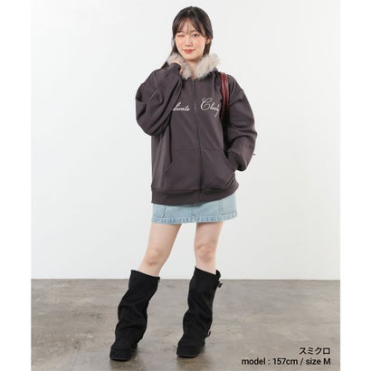 ファー付ロゴパーカー トップス スウェット 長袖 セットアップ ハニぽか あったか パーカー ジップパーカー ジップアップパーカー レディース （杢グレー）｜詳細画像