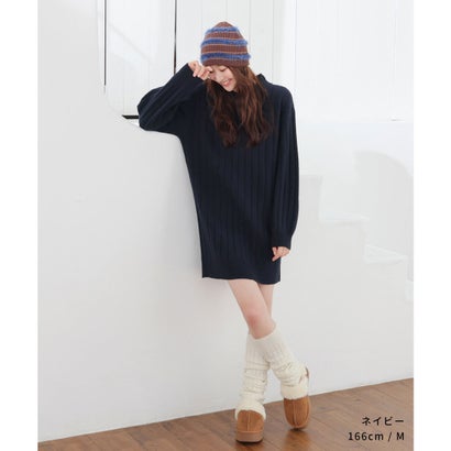 衿付ニットワンピ ワンピース 長袖 ミニ丈 再生ポリエステル 衿付き ニット ひざ上丈 リブ 無地 ガーリー 冬 レディース （杢ピンク）｜詳細画像