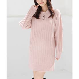 衿付ニットワンピ ワンピース 長袖 ミニ丈 再生ポリエステル 衿付き ニット ひざ上丈 リブ 無地 ガーリー 冬 レディース （杢ピンク）